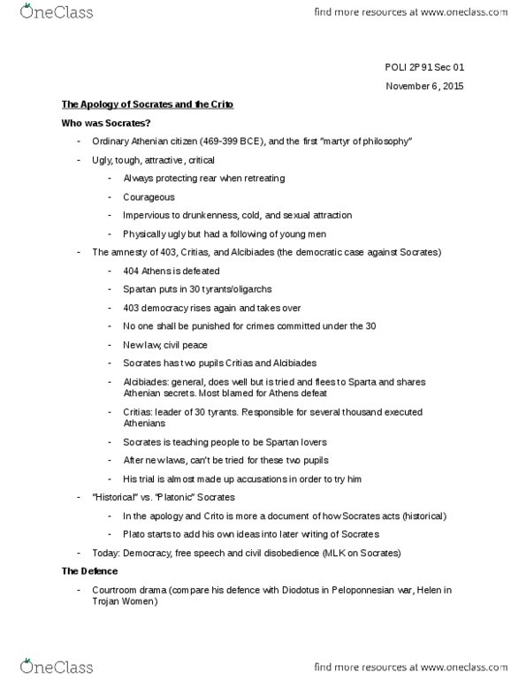 POLI 2P91 Lecture Notes - Lecture 14: Radical Democracy, Anytus, Meletus thumbnail