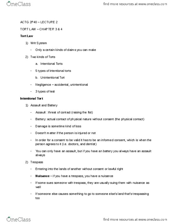 ACTG 2P40 Lecture Notes - Lecture 2: Contributory Negligence, Snow Blower, Malicious Prosecution thumbnail