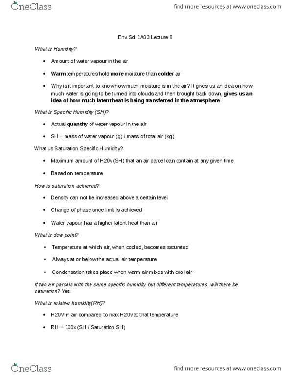 ENVIRSC 1A03 Lecture Notes - Lecture 8: Fluid Parcel, Humidity, Dew Point thumbnail