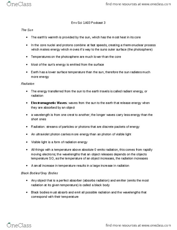 ENVIRSC 1A03 Lecture Notes - Lecture 3: Evaporation, Rayleigh Scattering, Emissivity thumbnail