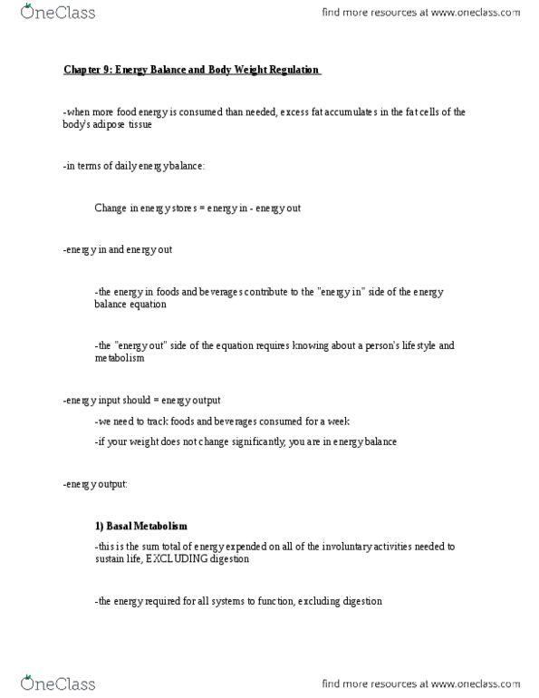 APA 2121 Chapter Notes - Chapter 9: Lean Body Mass, Adipose Tissue, Food Energy thumbnail