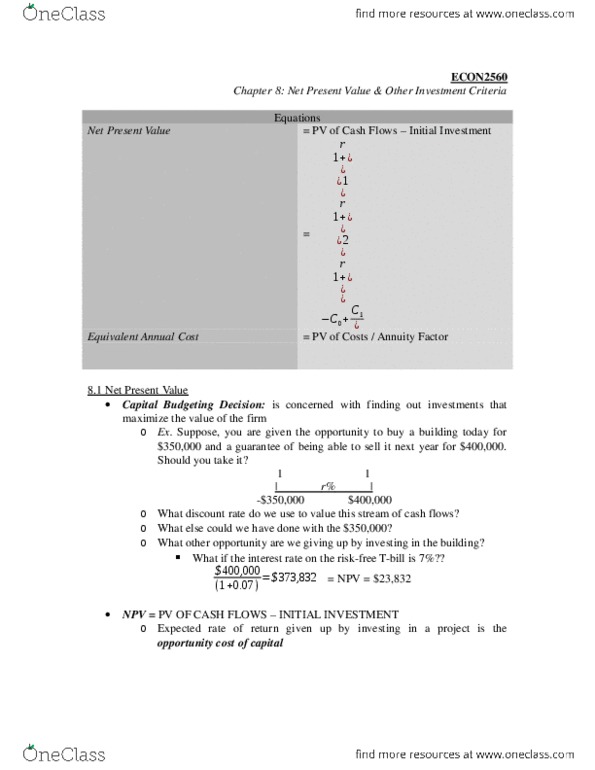 ECON 2560 Chapter Notes - Chapter 8: Payback Period, Net Present Value thumbnail