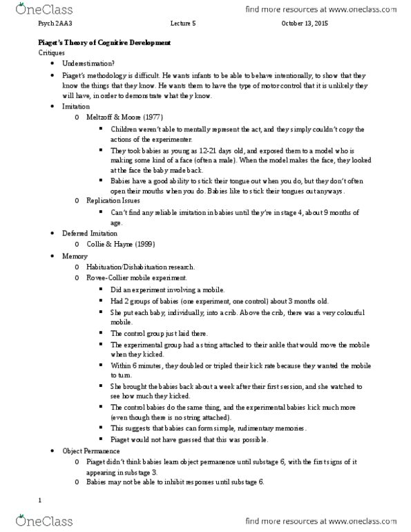 PSYCH 2AA3 Lecture Notes - Lecture 5: Hideki Matsutake, Cognitive Development, Egocentrism thumbnail