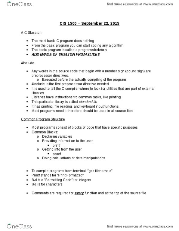 CIS 1500 Lecture Notes - Lecture 3: Gnu Compiler Collection, Scanf Format String, Number Sign thumbnail