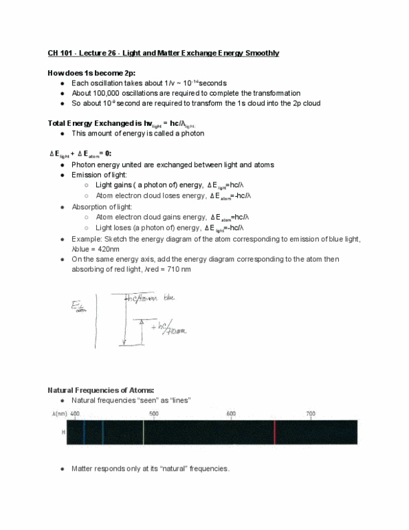 CAS CH 101 Lecture Notes - Lecture 26: Photon Energy, Photon, Balmer Series thumbnail