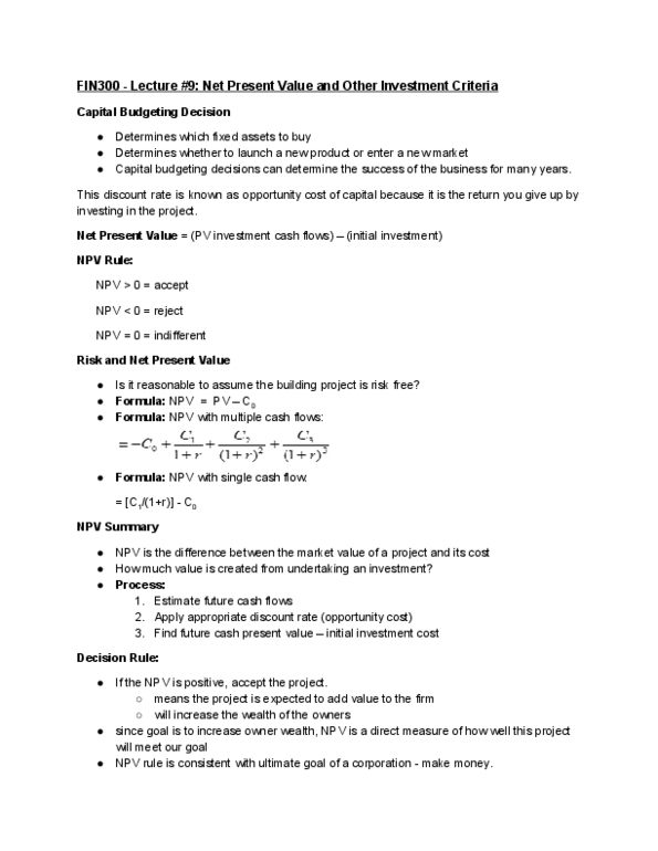 FIN 300 Lecture Notes - Lecture 9: Negative Relationship, Capital Cost Allowance, Sensitivity Analysis thumbnail