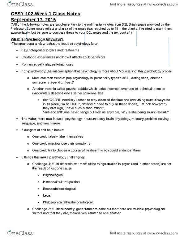 PSY 102 Lecture Notes - Lecture 1: Multicollinearity, Endangerment, Pineal Gland thumbnail