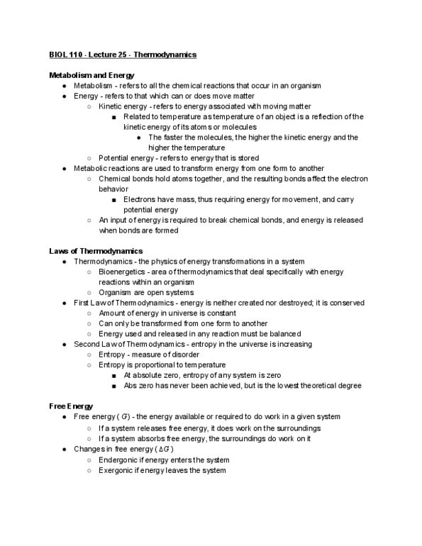 BIOL 110 Lecture Notes - Lecture 25: Thermodynamics, Organism, Endergonic Reaction thumbnail