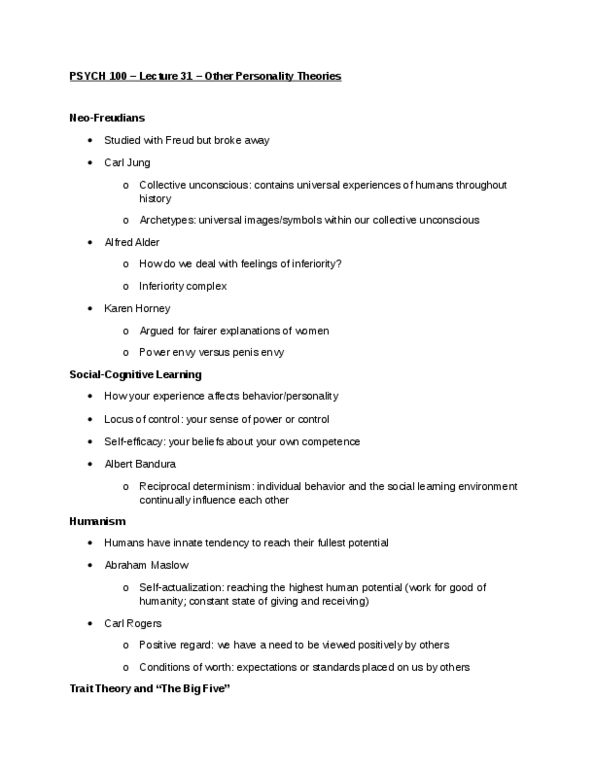 PSYCH 100 Lecture Notes - Lecture 31: Penis Envy, Carl Jung, Collective Unconscious thumbnail