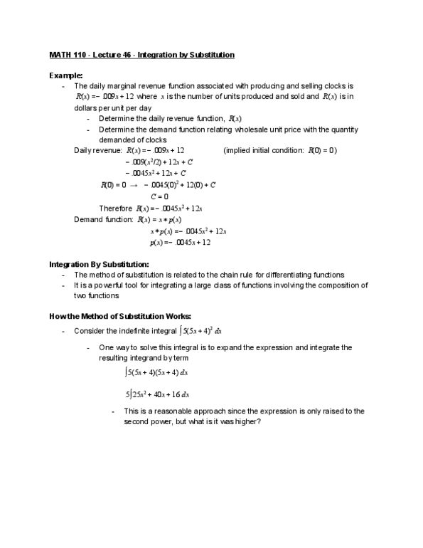 MATH 110 Lecture Notes - Lecture 46: Marginal Revenue, Antiderivative, Function Composition thumbnail