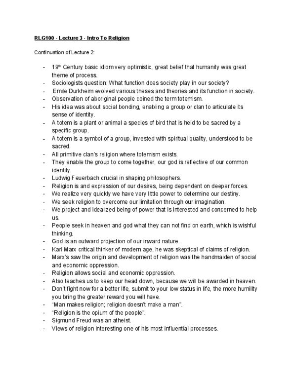 RLG100Y1 Lecture Notes - Lecture 3: Ludwig Feuerbach, Totem, Bracketing thumbnail