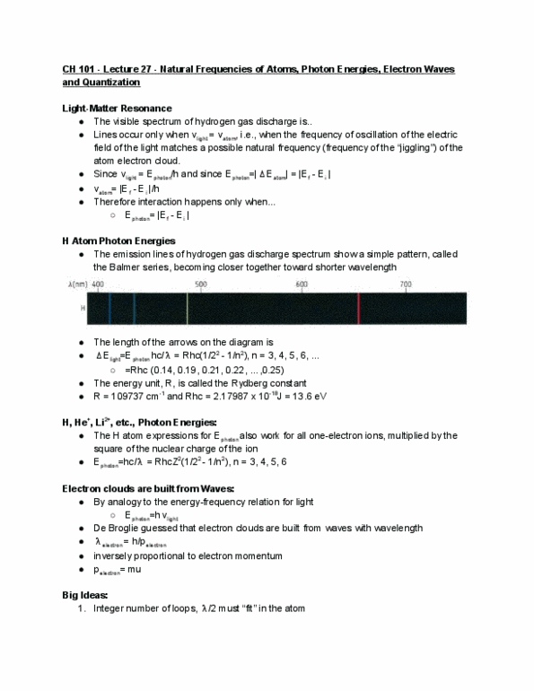 CAS CH 101 Lecture Notes - Lecture 27: Balmer Series, Atomic Orbital, Electric Field thumbnail