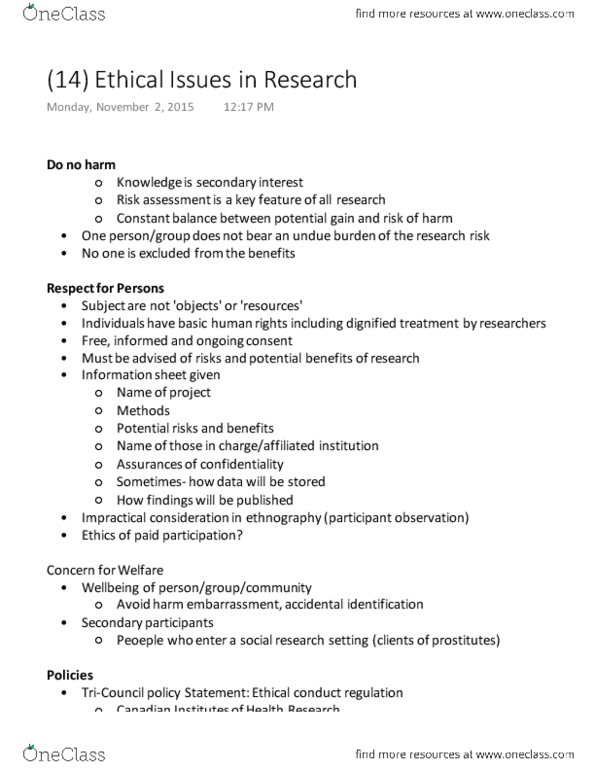 SOCI 313 Lecture Notes - Lecture 14: Ethnography, Risk Assessment, Participant Observation thumbnail