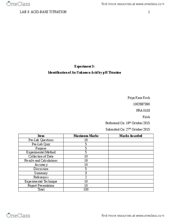 CHM110H5 Lecture Notes - Lecture 12: Crystal Violet, Titration, Malachite thumbnail