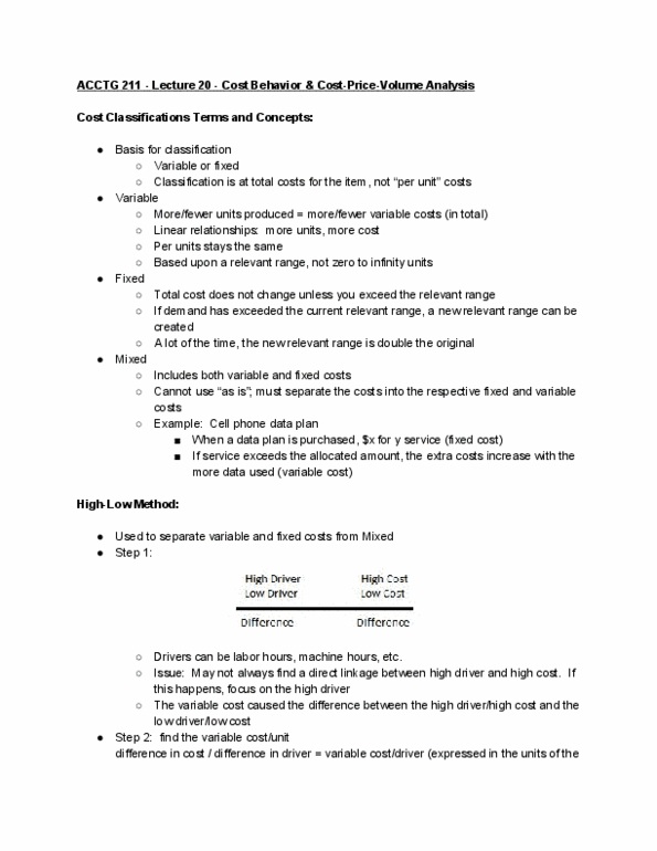 ACCTG 211 Lecture Notes - Lecture 20: Fixed Cost, Variable Cost, Weighted Arithmetic Mean thumbnail