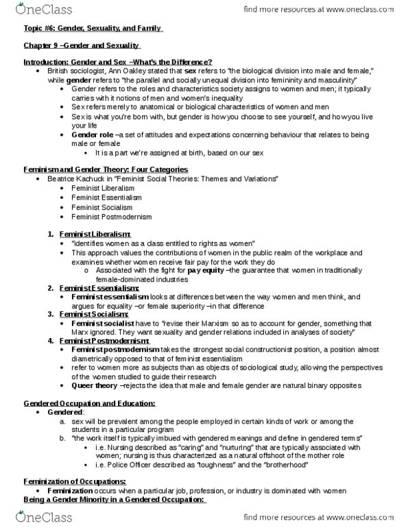 SOC101 Chapter Notes - Chapter 9-10: Ann Oakley, Masculinity, Occupational Segregation thumbnail