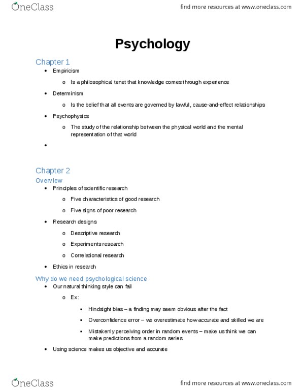 PSYC*1130 Lecture Notes - Lecture 1: Hindsight Bias, Wish Fulfillment, Research thumbnail