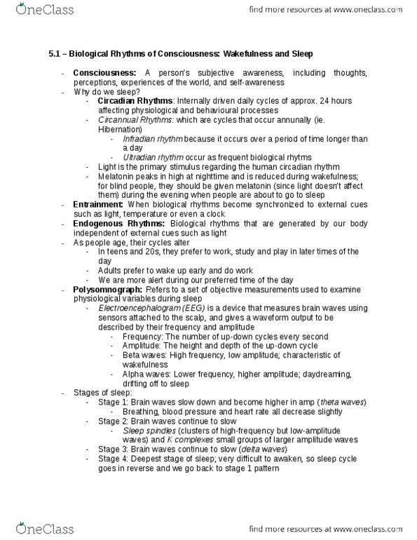 PSYA01H3 Chapter Notes - Chapter 5: Ultradian Rhythm, Circadian Rhythm, Theta Wave thumbnail