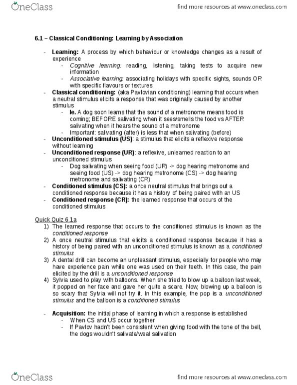 PSYA01H3 Chapter Notes - Chapter 6: Classical Conditioning, Psych, Drug Tolerance thumbnail