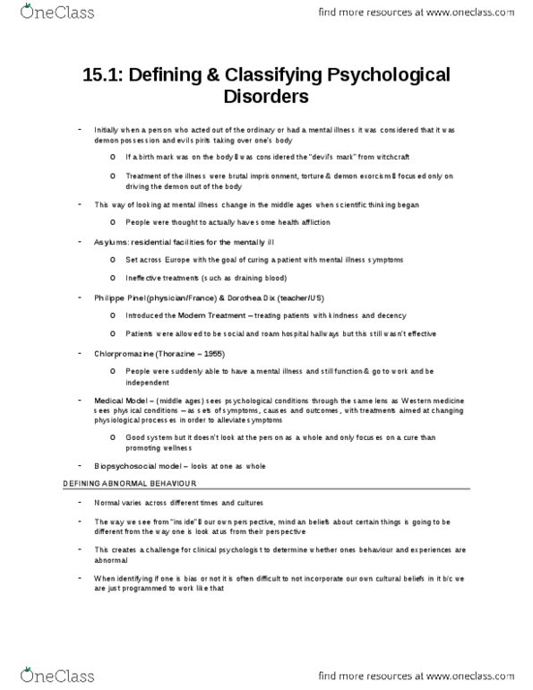 PSYA02H3 Chapter Notes - Chapter 15: Philippe Pinel, Biopsychosocial Model, Chlorpromazine thumbnail