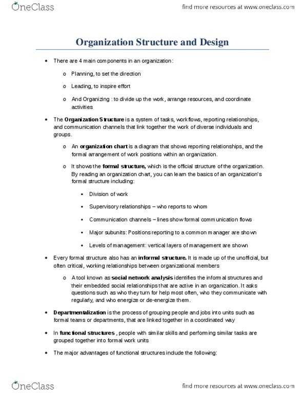GMS 200 Chapter Notes - Chapter 8: Work Unit, Departmentalization, Strategic Management thumbnail