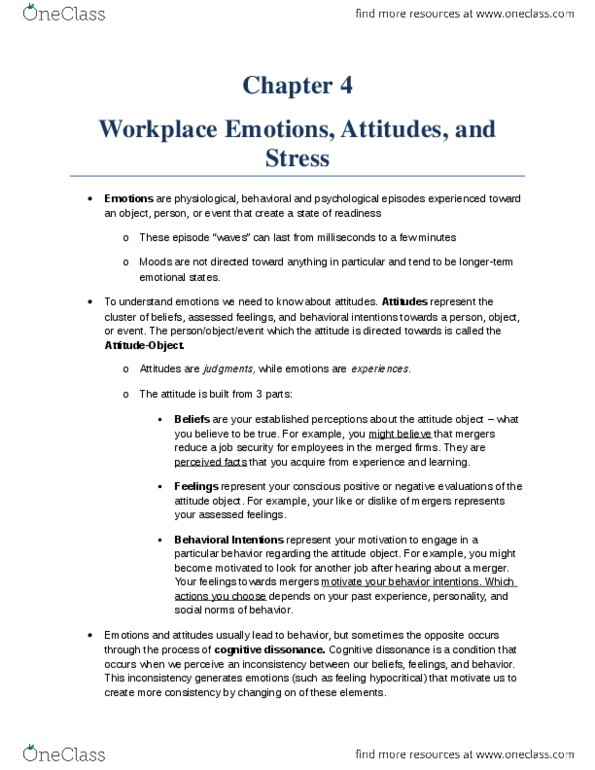 MHR 405 Chapter Notes - Chapter 4: Cognitive Dissonance, Job Satisfaction, Work Unit thumbnail