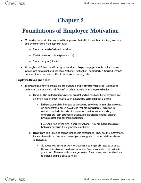 MHR 405 Chapter Notes - Chapter 5: Employee Engagement, Human Capital, Nitin Nohria thumbnail