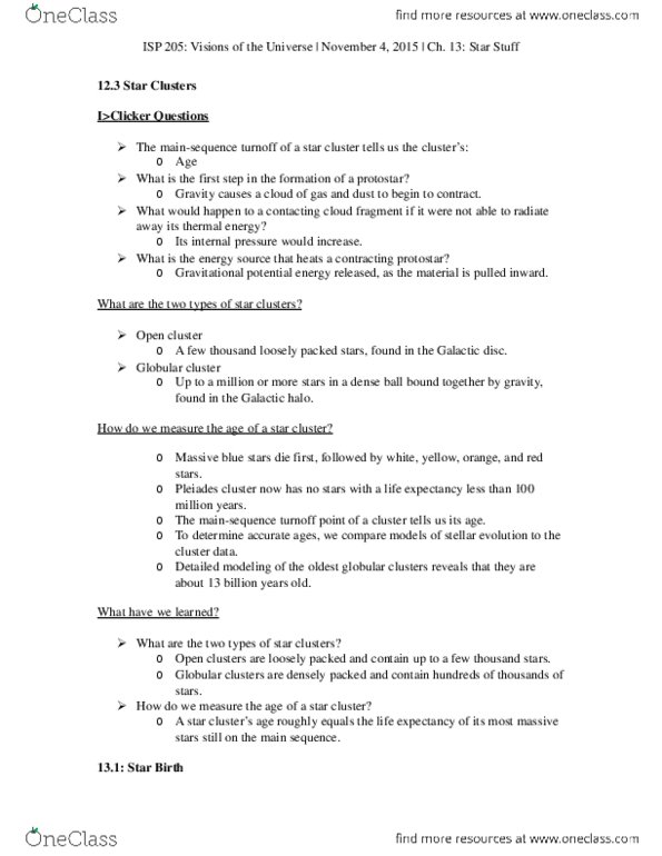 ISP 205 Lecture Notes - Lecture 1: Globular Cluster, Protostar, Main Sequence thumbnail