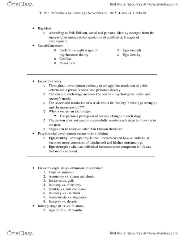 TE 150 Lecture Notes - Lecture 21: Erik Erikson thumbnail