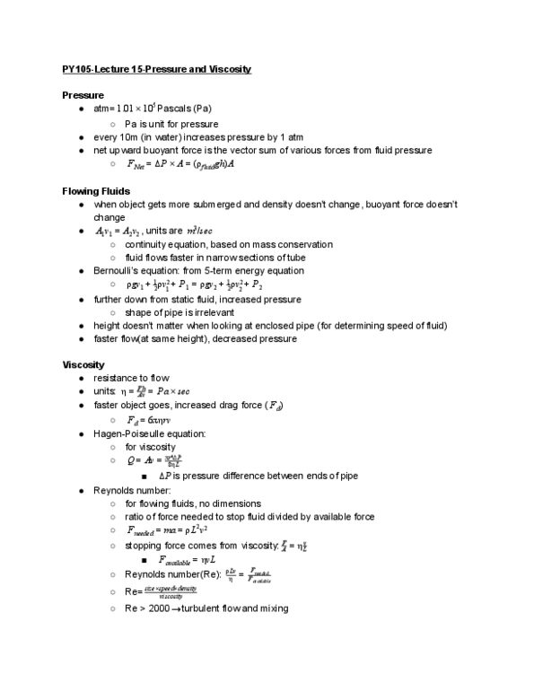 CAS PY 105 Lecture Notes - Lecture 15: Buoyancy, Euclidean Vector, Reynolds Number thumbnail