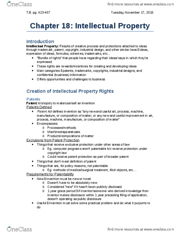 Management and Organizational Studies 2275A/B Chapter Notes - Chapter 18: Industrial Design, Intellectual Rights, Software thumbnail
