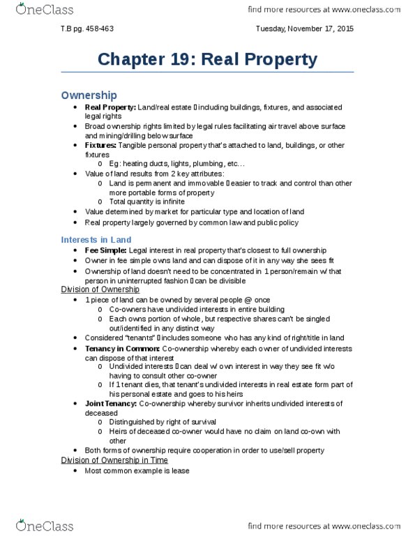 Management and Organizational Studies 2275A/B Chapter Notes - Chapter 19: Personal Property, Fee Simple, Land Registration thumbnail