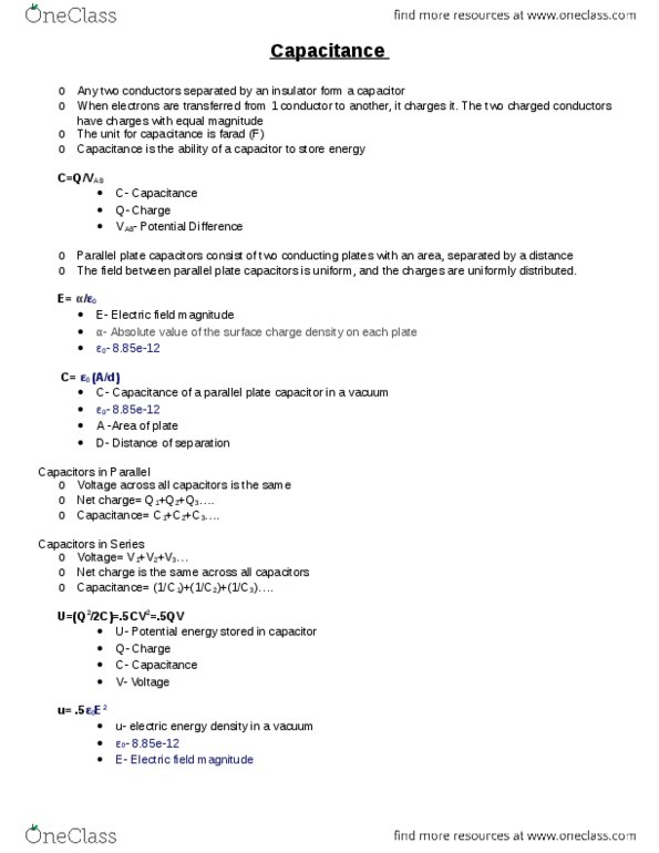 PHYS 2305 Lecture Notes - Lecture 9: Farad, Electric Field, Potential Energy thumbnail