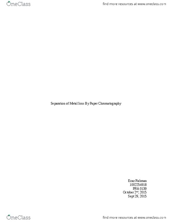 CHM110H5 Lecture Notes - Lecture 2: Paper Chromatography, Metal, Manganese thumbnail