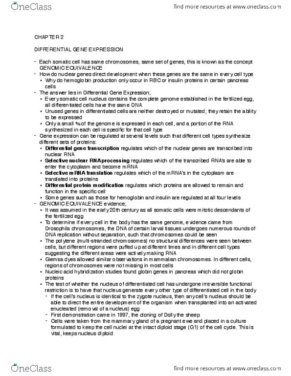 BIOL303 Chapter Notes - Chapter 2: Gene Expression, Cellular Differentiation, Mammary Gland thumbnail