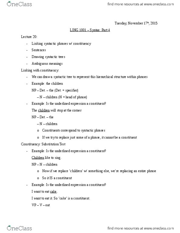 LING 1001 Lecture Notes - Lecture 20: Generative Grammar, Binoculars thumbnail