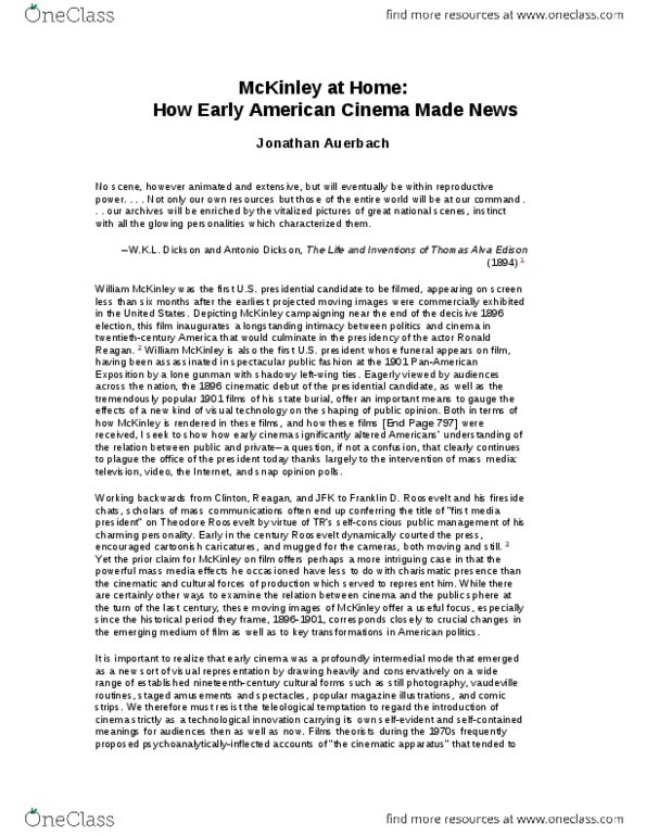 HIST 314 Chapter all: HIST314 Chapter all: Jonathan Auerbach- McKinley at Home: How Early American Cinema Made News thumbnail