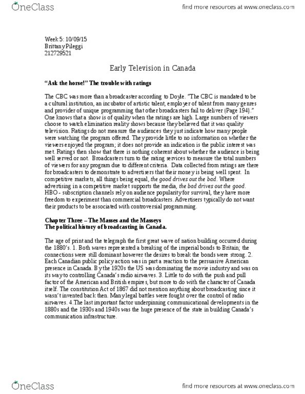 COMN 2200 Lecture Notes - Lecture 5: Quality Television, Canadian Economics Association thumbnail