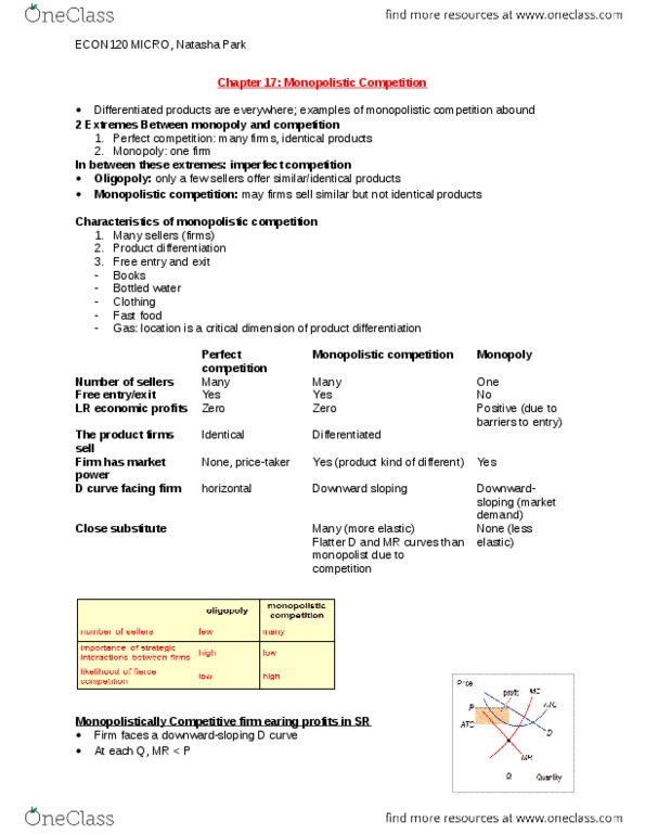 ECON102 Lecture Notes - Lecture 21: Monopolistic Competition, Imperfect Competition, Perfect Competition thumbnail