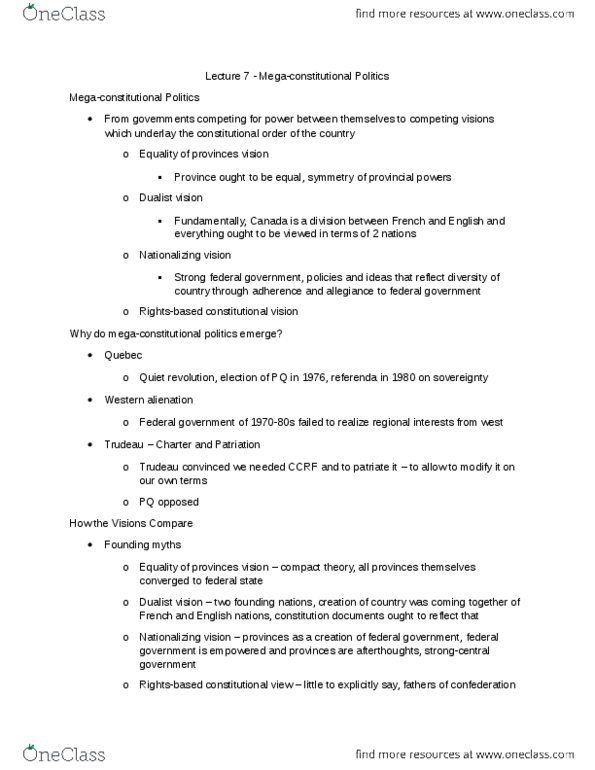 Political Science 2230E Lecture Notes - Lecture 7: Compact Theory, Western Alienation In Canada, Nationalization thumbnail