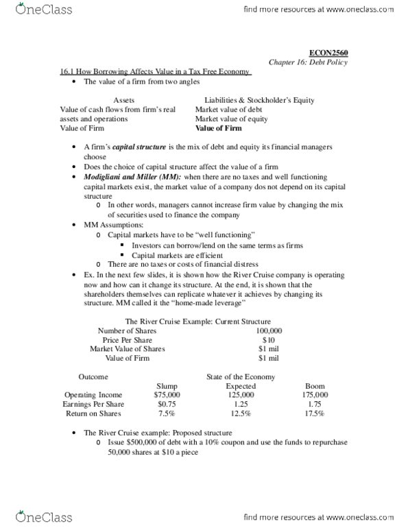 ECON 2560 Chapter 16: Debt Policy thumbnail