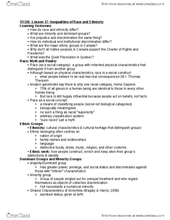 SY101 Lecture Notes - Lecture 17: Ethnic Origins Of People In Canada, Thomas Theorem, Ascribed Status thumbnail