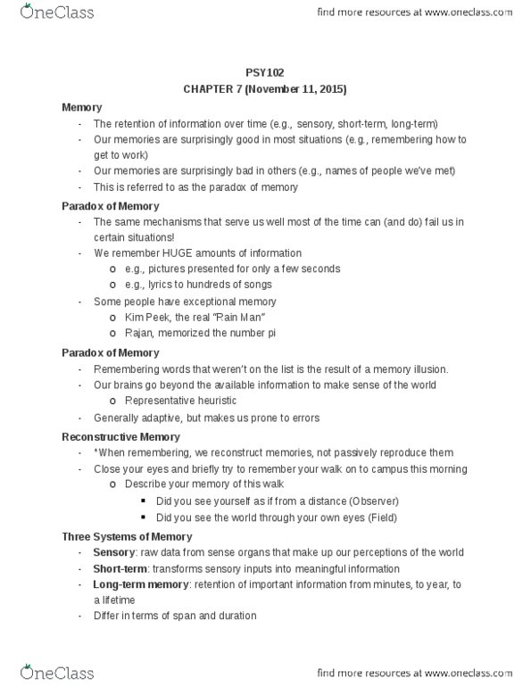 PSY 102 Lecture Notes - Lecture 7: Sensory Memory, Representativeness Heuristic, Dementia thumbnail