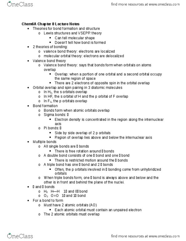 CHEM 6A Lecture Notes - Lecture 17: Valence Bond Theory, Molecular Orbital Theory, Orbital Overlap thumbnail