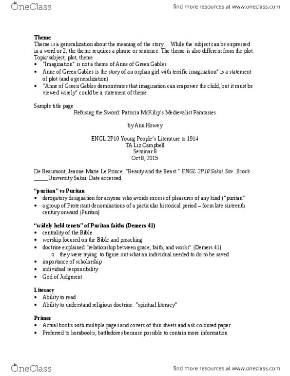 ENGL 2P10 Lecture Notes - Lecture 6: Puritans, Iambic Tetrameter, Tetrameter thumbnail