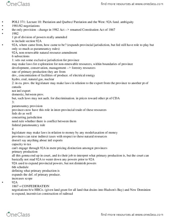 POLI 371 Lecture Notes - Lecture 10: Patriation, Indirect Tax, Potash thumbnail