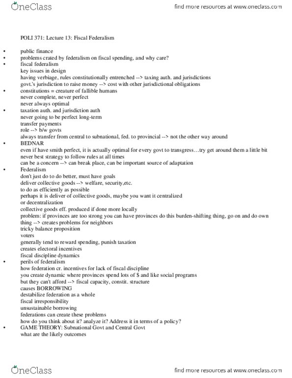 POLI 371 Lecture Notes - Lecture 13: Fiscal Federalism, Public Finance, Fiscal Imbalance thumbnail