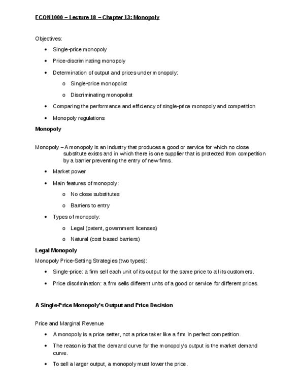 ECON 1000 Lecture Notes - Lecture 18: Price Discrimination, Perfect Competition, Market Power thumbnail