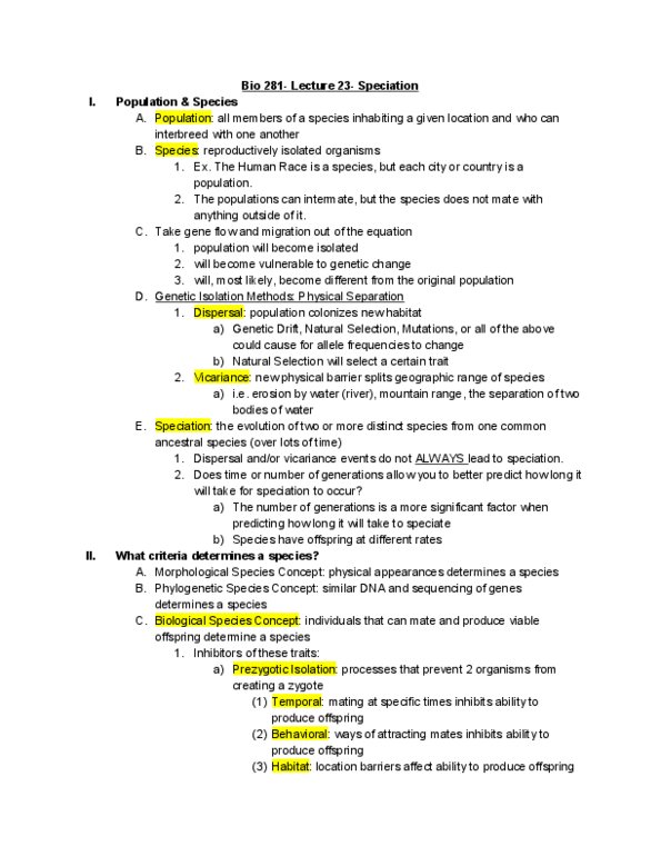 BIO 281 Lecture Notes - Lecture 23: Species Problem, Speciation, Allopatric Speciation thumbnail