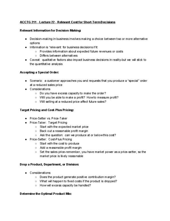 ACCTG 211 Lecture Notes - Lecture 22: Market Power, Target Costing, Profit Margin thumbnail